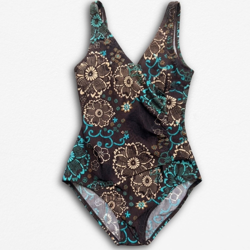 Jantzen Classics Womens Brown Teal Floral Ribbed One Piece Swimsuit Size 8